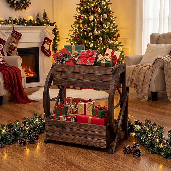 Giantex Wooden Wagon Planter Box, 2 Tier Raised Garden Bed with Drainage Holes, Rustic Wood Planter for Flowers Herbs Vegetables, Indoor Outdoor Patio Garden Balcony