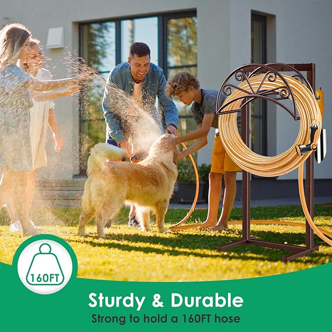 TomCare Garden Hose Holder Heavy Duty Water Hose Holder Holds 160 FT Hoses 4 Spikes Hose Reel Freestanding Hose Hanger Sturdy Hose Storage Stand for Outside Yard Lawn