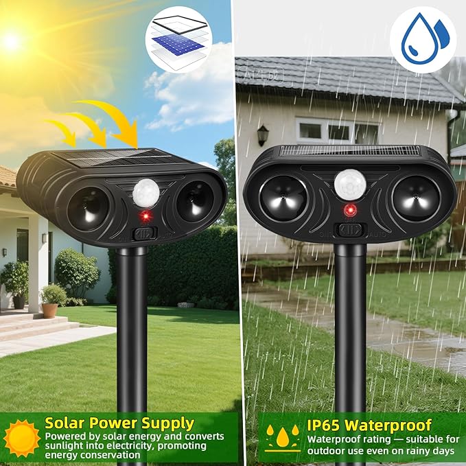 2026 Upgraded Solar Ultrasonic Animal Repellent Deer Repellent Devices Cat Deterrent Outdoor with Motion Sensor Dog Deterrent Keep Raccoon Squirrel Skunk Rabbit Away from Yard Lawn Garden 2 Pack