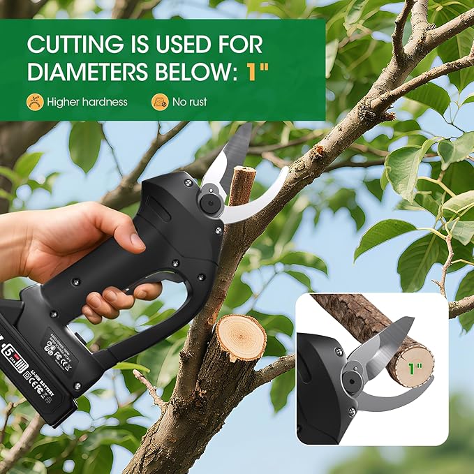 Electric Pruning Shears for Gardening, Portable Cordless Electric Pruner Suitable and Adjustable Cutting Diameter 1 Inch for Gardens, Farms (Included 2Pcs Battery)