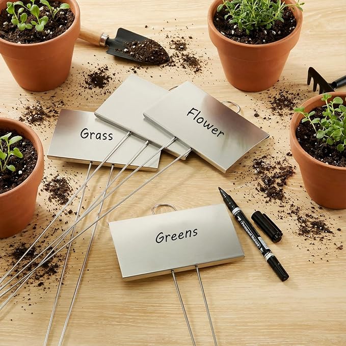 Landhoow 20 Pcs Large Garden Plant Markers Metal Plant Labels Sign 6'' x 8'' with 13'' Stake Weatherproof Waterproof Garden Sign for Outdoor Seedlings Herbs Vegetable Greenhouse, Silver
