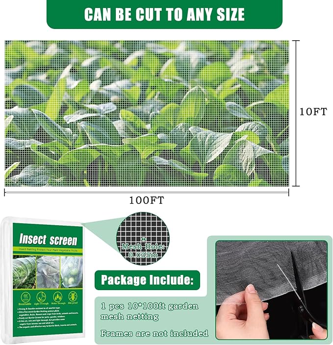 10 X 100 FT Garden Mesh Netting Pest Barrier for Raised Beds, Fruit Tree Netting for Cicadas, Bird Insect Nettings for Garden, Blueberry Bush Strawberry Netting Cover for Garden Protection