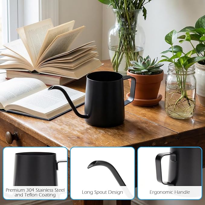 350ml Small Watering Can for Indoor Plants, 12oz Mini Plant Watering Pot with Long Spout and Handle, Black Tiny Stainless Steel Watering-Can for Outdoor Indoor Plants Flower Garden