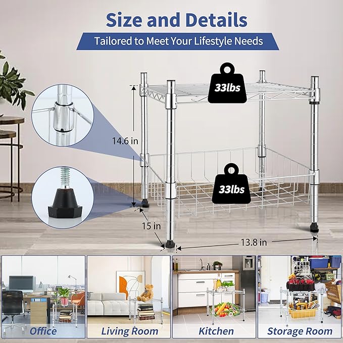 Simple Deluxe 2-Tier Shelving Unit, 15" W x 13.8" D x 15" H Wire Metal Stackable Storage with Basket, Chrome, 2 Pack