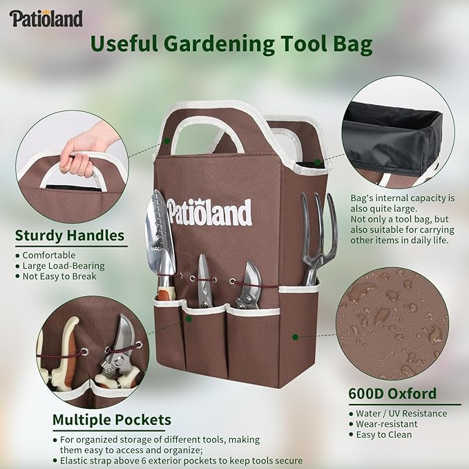 10-Piece Garden Tool Set – Brown Gardening Hand Tools with Non-Slip Handles, Heavy Duty Rust-Proof Aluminum Tools, Organizer Tote Bag, Ideal Gardening Gifts for Women & Grandma