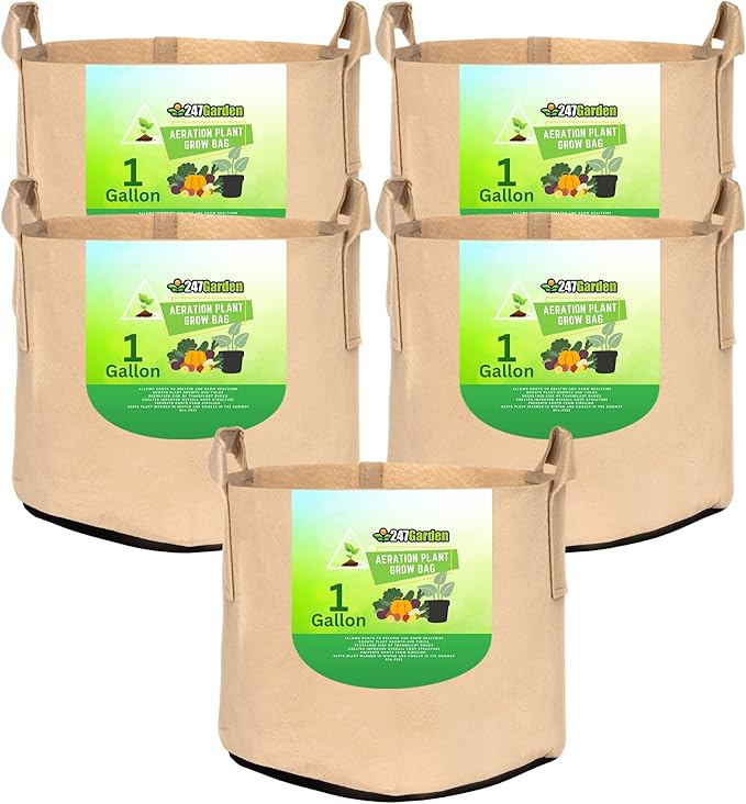 247Garden 5-Pack 1-Gallon Aeration Fabric Pot/Plant Grow Bag w/Handles (260 GSM, Tan w/Black Base, 6H x 7D)