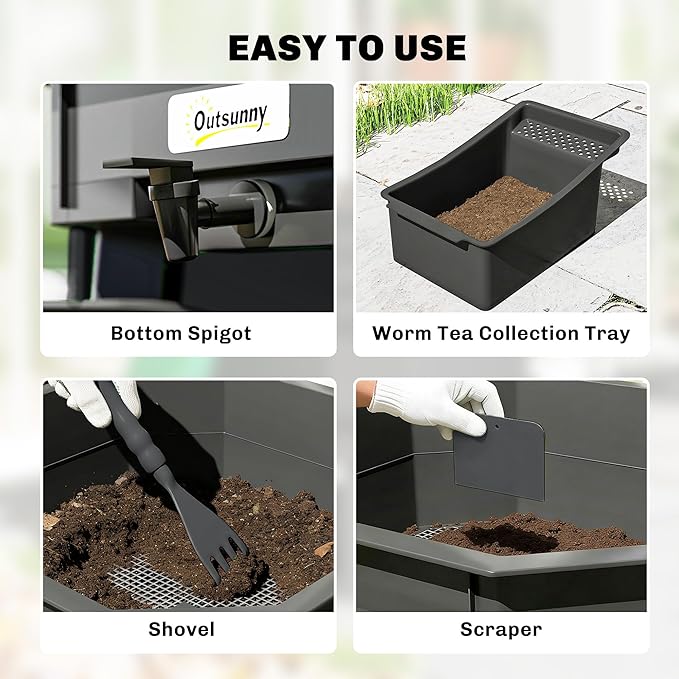 Outsunny 4-Tray Worm Composter Bin, 7.4 Gal Outdoor & Indoor Worm Composter, Farm Starter Kits for Vermicomposting Starter, Garden Composting Bin for Recycling Food Waste, Black