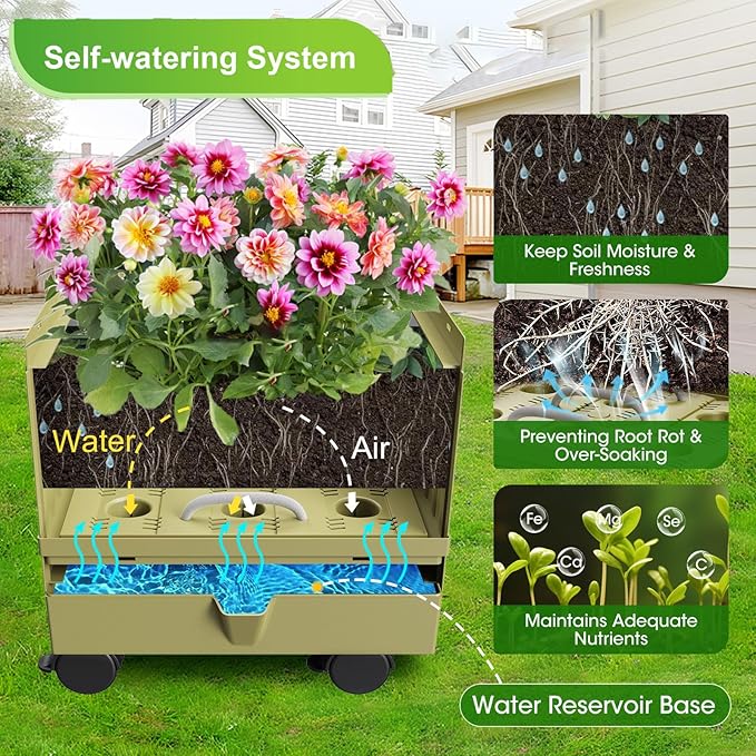 Raised Garden Bed Planter Box with Trellis, 71" Self-Watering Tomato Planter with Wheels for Climbing Vegetable and Plants, Tomato Cage Planters for Indoor Outdoor Patio Greenhouse Gardening (A)