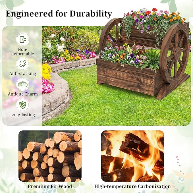 Giantex Wooden Wagon Planter Box, Garden Planter with Drainage Holes & Wheels for Flowers Herbs Vegetables, Indoor Outdoor Decorative Flower Cart for Patio Garden Balcony (2)
