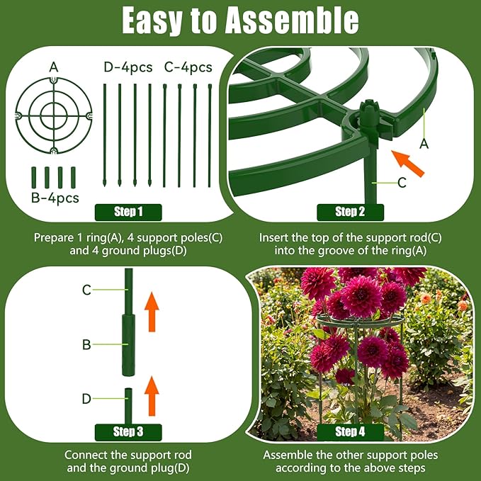 4 Pack Peony Cages and Supports, 11.8" D x 25" H Tall Plastic Plant Supports for Outdoor Plants, Peony Support Cage Flower Support Rings, Plant Support Ring for Rose Tomato Hydrangea Strawberry