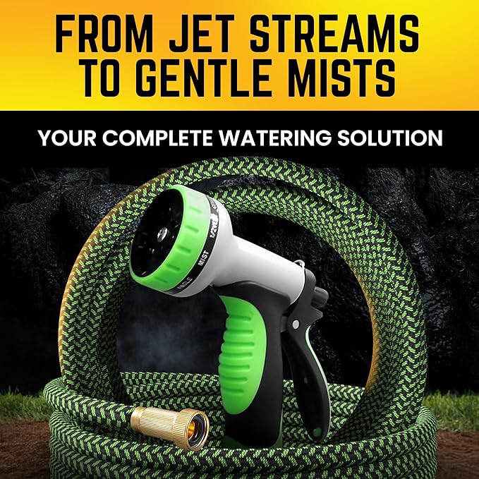 PowerFlow Garden Hose, NON-EXPANDABLE 50 Feet Premium Quality Stainless Steel Metal Water Hose with Durable Fabric Skin, Hose For Commercial, Residential Use, Bonus 10-way Spray Nozzle (50 Ft, Green)