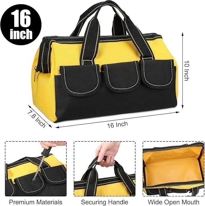 Sanwuta 3 Pack Tool Bag for Men with Waterproof Hard Bottom, Heavy Duty Tool Bag Wide Mouth Tote for Various Instrument, Electrician Carpenter Mechanic(Yellow,16 Inch,Classic)