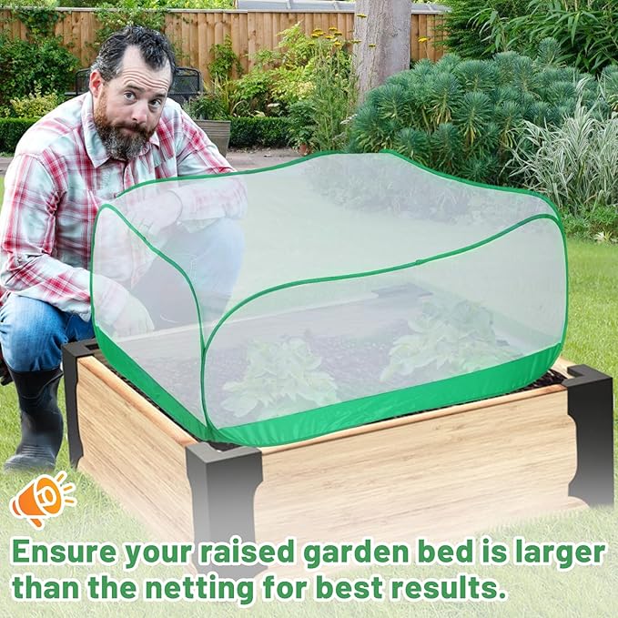 Pop Up Garden Netting for Square Raised Beds - 3.3'L x 3.3'W x 1.65'H Ultra Fine Mesh Net Plant Cover with 4 Stakes, Protection for Vegetables Fruit from Birds Pests