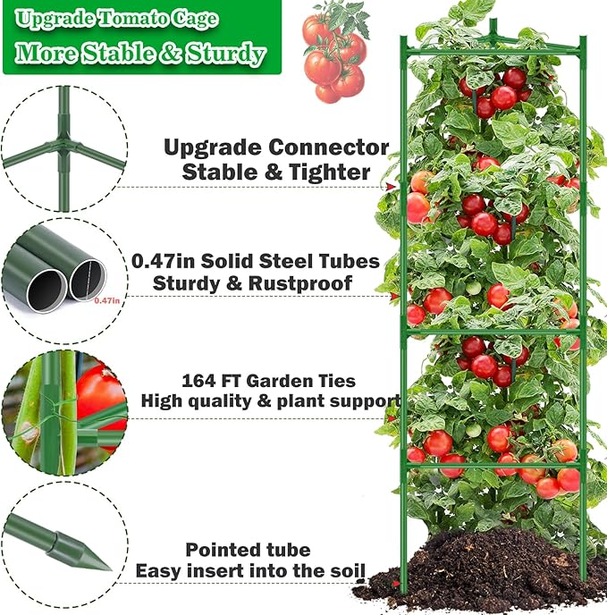 Tomato Cages for Garden 4 Packs - Heavy Duty Steel Tomatoes Cage Tall Up to 51in & 164Ft Twist Tie, Tomato Plant Stakes Support Cages Trellis for Pots Plants Garden