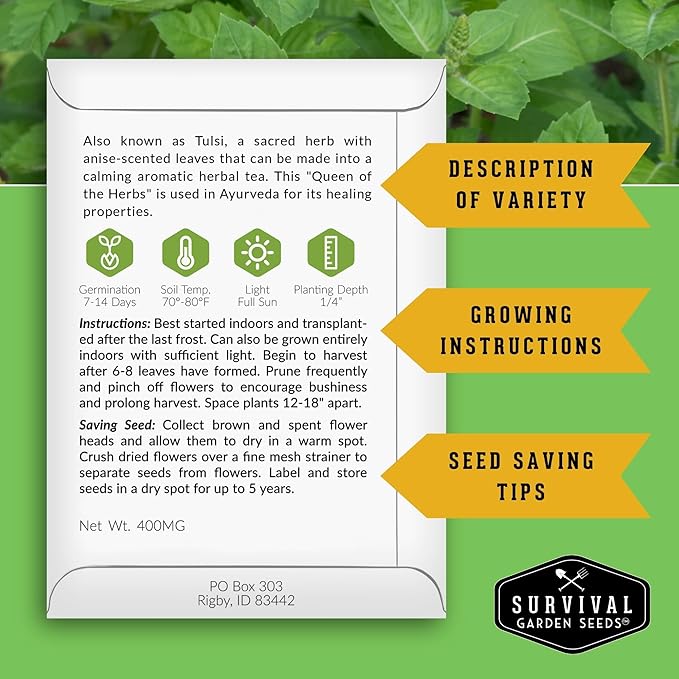 Indian Vegetable & Herb Seeds Variety Pack - 10 Heirloom Varieties for Planting, Kitchen Gardens, & Cooking - Includes Tulsi (Holy Basil), Methi (Fenugreek), & Eggplant - Survival Garden Seeds