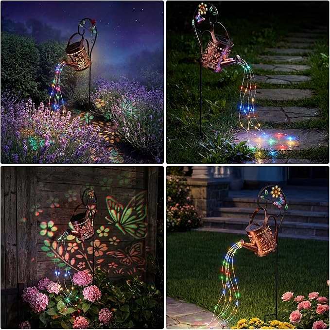MEBRUDY Solar Garden Decor Lights, IP44 Waterproof Metal Butterfly Solar Watering Can Lights Outdoor Decor for Yard Pathway Patio Lawn, Gifts for Women Mom Grandma Birthday