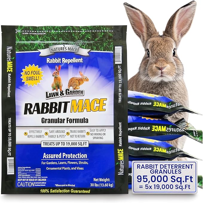 Nature's MACE Rabbit MACE Granules, Rabbit Repellent for Gardens, Lawns, Farms & Landscapes, Treats 95,000 sq ft, Granular Deterrent, 150 Pounds, All-Season Use, Safe for Pets, Children, and Plants