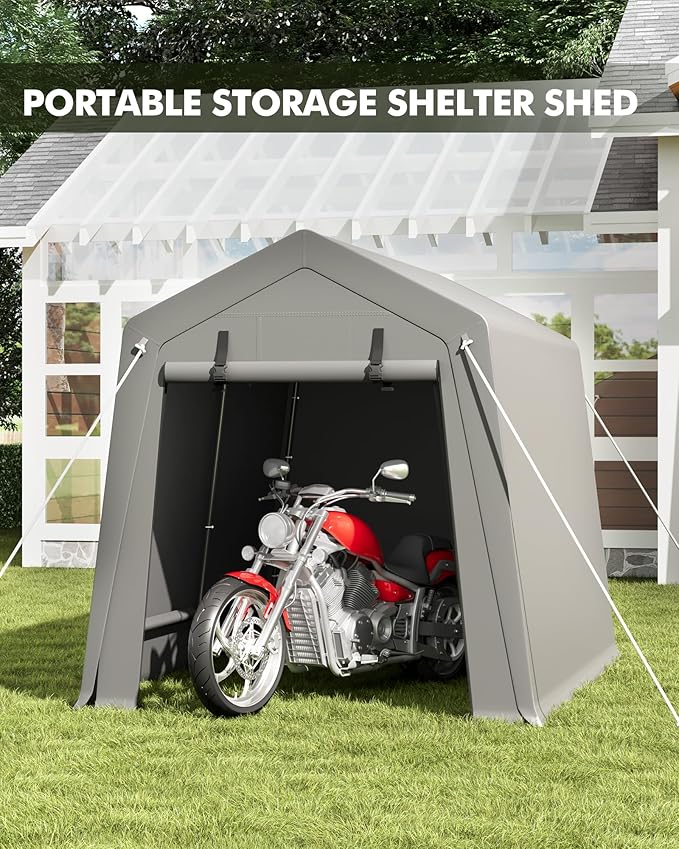 GarveeLife 7 x 10 ft Carport Storage Shed, Portable Garage with Roll-up Zipper Door, Heavy Duty Waterproof Tarp, Storage for Motorcycle, Bike, Firewood, Garden Tools