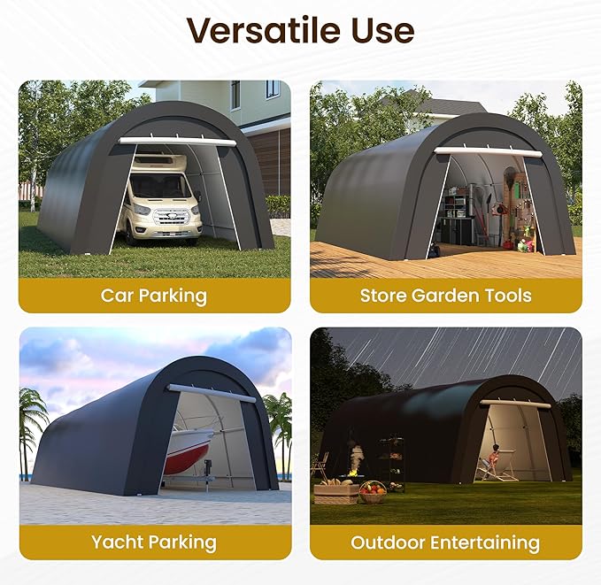 Kiss the Water Domed Carport with 4 Cloth Bags, Portable Garage with 2 Roll-up Doors, Heavy Duty Car Canopy Party Tent, All-Season Storage Shelter Shed for Boat, Truck, or Garden Tools, 12' x 25'
