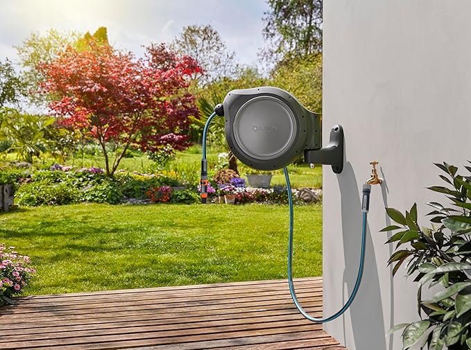GARDENA (20500) Retractable Garden Hose Reel 50' x 1/2" hose, Wall Mounted, Automatic Retraction & Length Lock for Easy Watering. Heavy Duty Swivel Bracket 180°, Includes Nozzle. Made in Europe