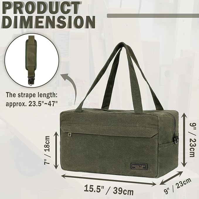 Tool Tote Bag, 16OZ Waxed Canvas Tool Bag with 7-Pocket & Shoulder Strap - for Electrician Contractor Repairman, Multi-Purpose Garden Tools Carrier with Portable Handle, Army Green