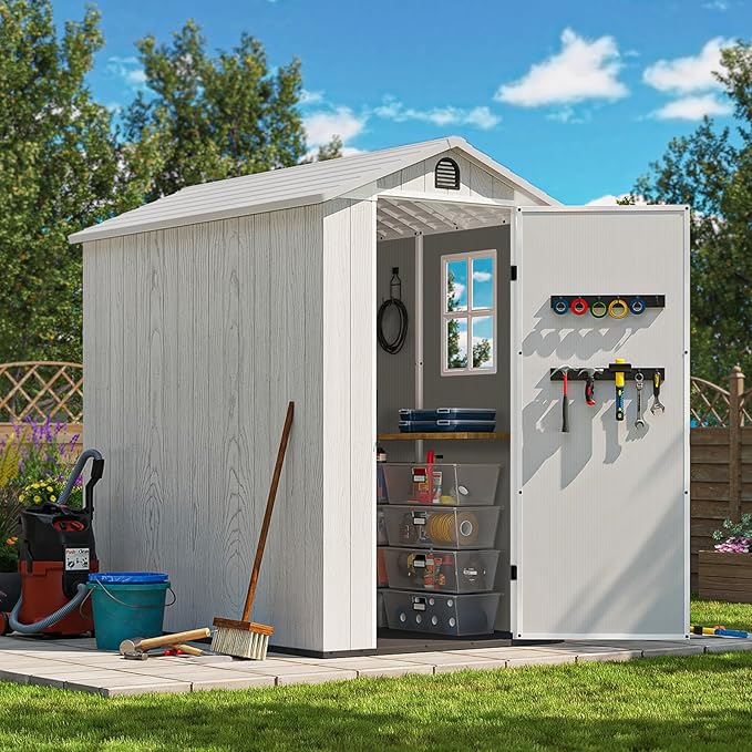 Patiowell 4 x 6 FT Plastic Outdoor Storage Shed with Floor, Resin Shed Outside Tool Shed with Window and Lockable Door for Backyard Garden Patio Lawn, Light Gray (Fit-it Shed)
