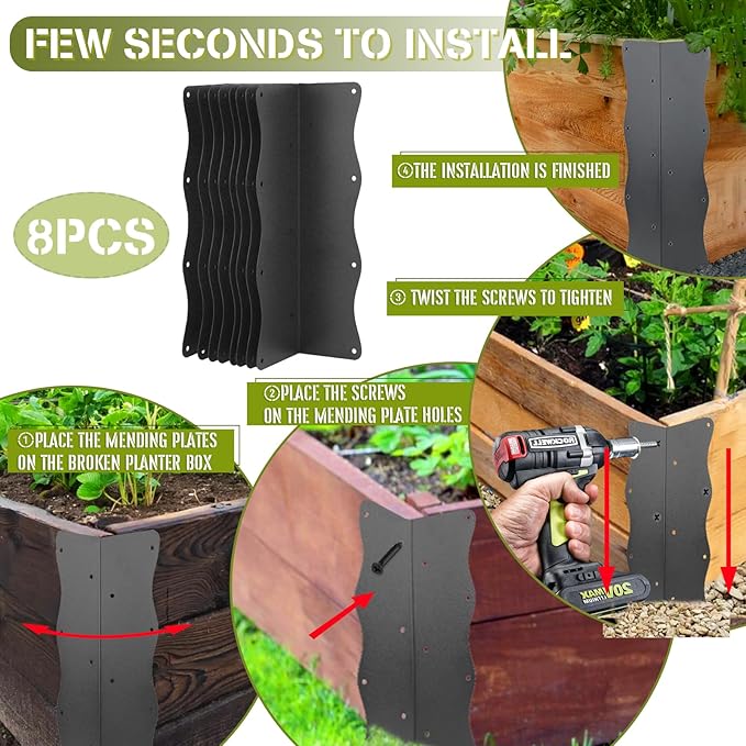 8-Pack Heavy-Duty Metal Corner Brackets for Raised Garden Beds (11"x3"x3") - L-Shaped Reinforced Connectors with Short/Long Screws, Fits 20"-24" Bed Edges & Wooden Shelves/Cabinets