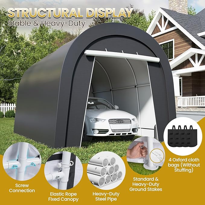 Kiss the Water Domed Carport with 4 Cloth Bags, Portable Garage with 2 Roll-up Doors, Heavy Duty Car Canopy Party Tent, All-Season Storage Shelter Shed for Cars, Truck, or Garden Tools, 10' x 15'