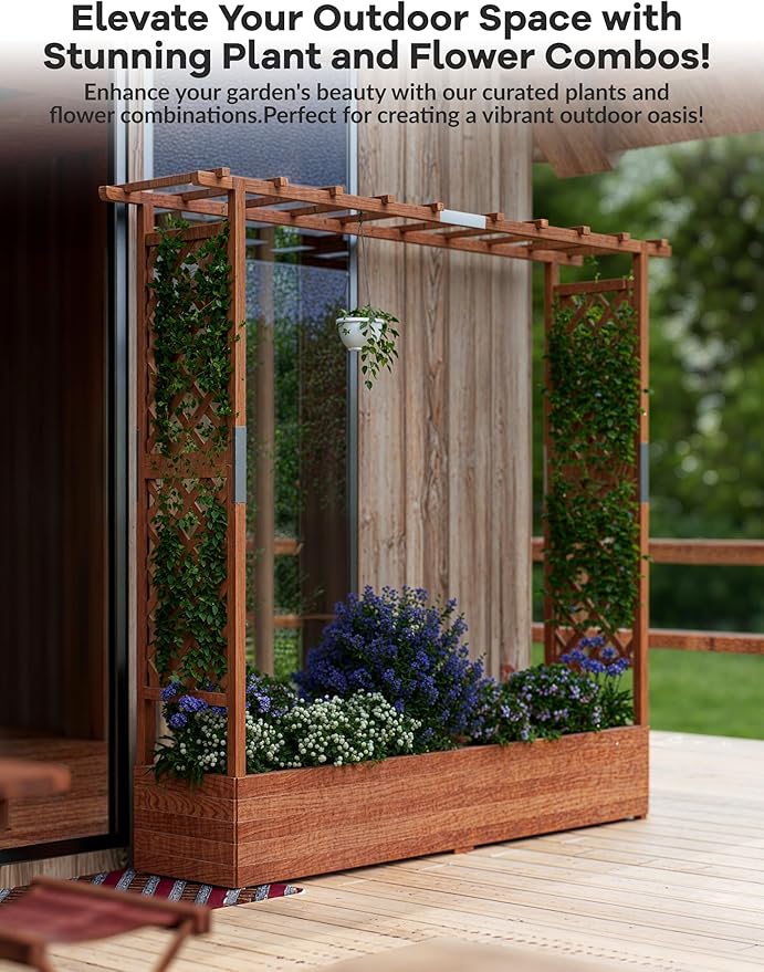 Raised Garden Bed with Trellis, Wood Planter Box with Hanging Roof & Drainage, Elevated Garden Bed for Climbing Plants, Vegetables, Flowers