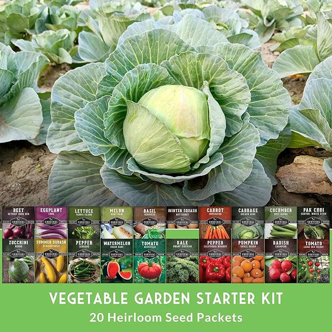 Vegetable Garden Starter Kit – 20 Variety Heirloom Non-GMO Seeds for Planting | Giftable Family Garden Kit for Beginner Victory Gardens – Start Growing Indoors or Outdoors – Survival Garden Seeds