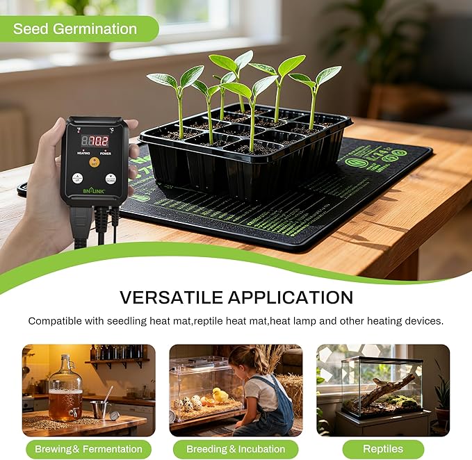 BN-LINK Seedling Heat Mat with Thermostat Controller Combo Set, 4 Pack 10" x 20.75" Plant Heating Mat for Seed Starting with Temperature Control for Indoor Growing, Plants Germination