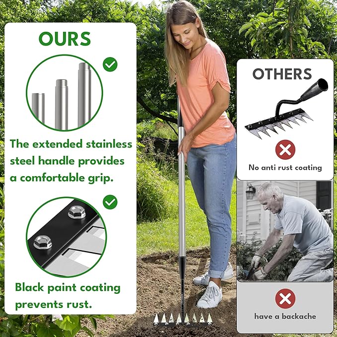 Iron Weeding Rake with Long Handle 2.0, Upgraded 8 Teeths Garden Weed Puller Tool Heavy Duty Gardening Tool for Lawn, Flower Beds & Soil Aeration