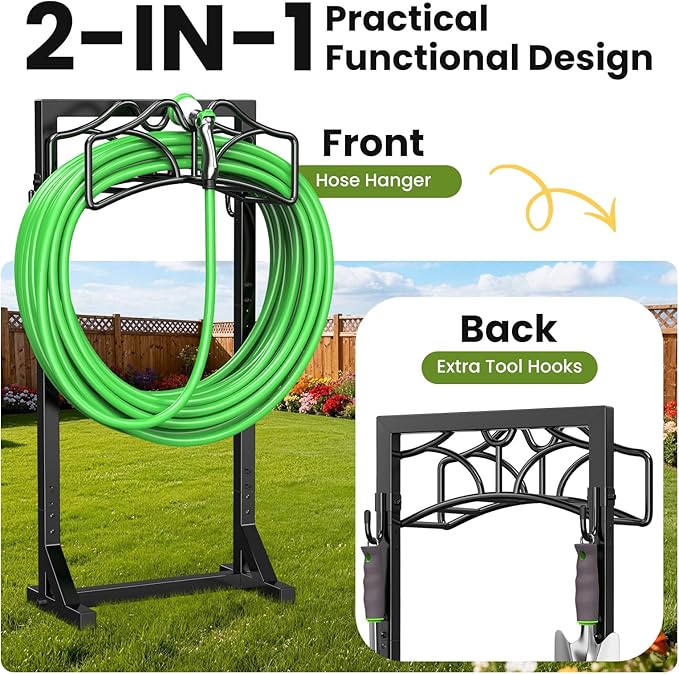 Garden Hose Holder Stand, Freestanding Heavy Duty Metal Organizer with Tool Hooks, Holds up to 150FT Hose, Easy Assembly, No Drilling, for Yard, Lawn, Garden, Patio & Backyard (Black-European)