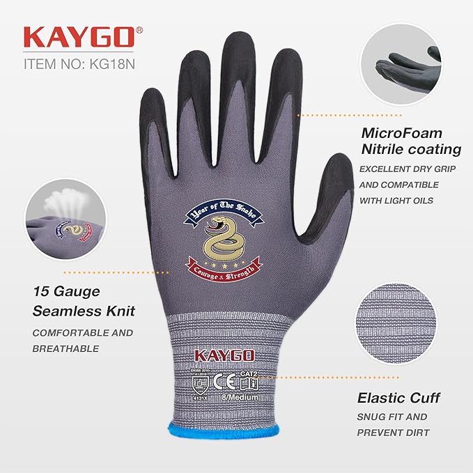 KAYGO Safety Work Gloves MicroFoam Nitrile Coated, 3 Pairs KG18NB,Seamless Knit Nylon Glove for Men and Women, Ideal for Automotive,Warehouse,Construction (M,Gray)