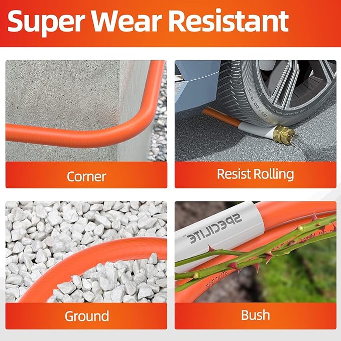 SPECILITE Garden Water Hose 150 ft x 3/4 in Heavy Duty, Flexible and Lightweight, Burst 600 psi, Kink-less Hybrid Rubber Pipe for Backyard, 3/4'' Brass Fittings, Orange