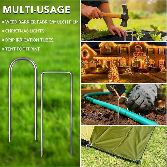 Landscape Staples 4 Inch, 100PCS Combo Kit – 50 U-Shaped & 50 Right Angle Galvanized Garden Stakes for Weed Barrier, Lawn & Garden Fixing