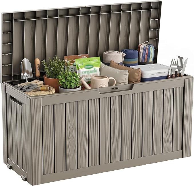 90 Gallon Deck Box Outdoor Storage Box Waterproof for Patio Furniture,Outdoor Cushions,Garden Tools and Pool Supplies,Lockable, Resin and Easy to Install Grey