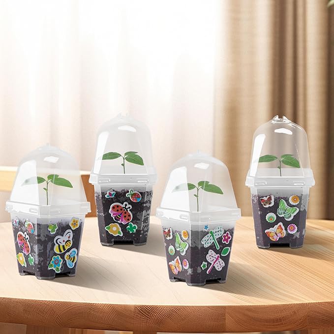 EBaokuup 10 Pack Clear Plant Nursery Pots with Humidity Dome-3" Reusable Plastic Gardening Pot with Printed Labels-Small Seed Starting Pots for Seedlings Vegetables Succulents Cuttings