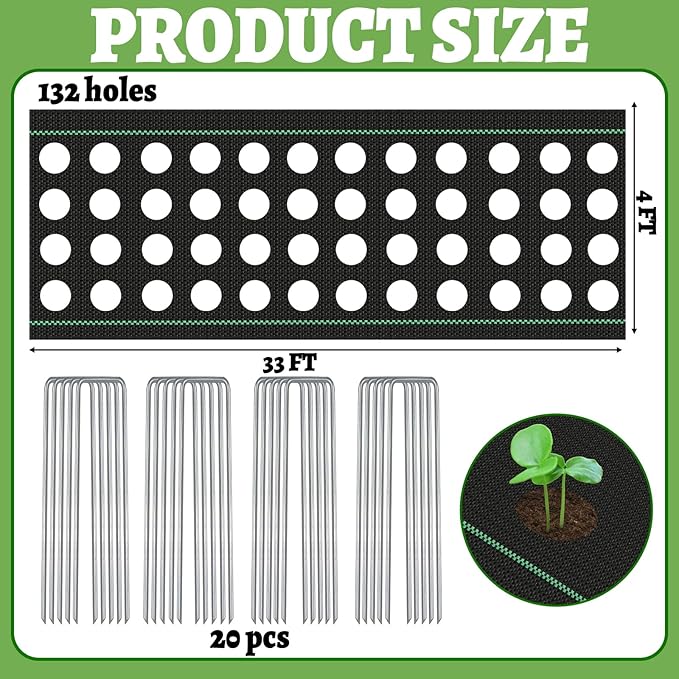 Garden Weed Barrier Landscape Fabric with 132 Planting Holes – 4ft x 33ft Woven Geotextile Fabric,Driveway Fabric,Durable Weed Control Mat with 20 Securing Pegs for Flower Beds, Vegetable Gardens