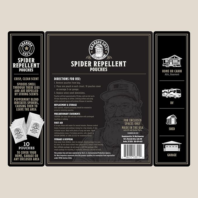 Grandpa Gus's Natural Spider Repellent Pouches, Spider Deterrent with Peppermint and Lemongrass Oil, Indoor Pest Control for Closet, Basement, Cabin, Shed, RV & Garage, 8.8 oz Each (10 Pouches)