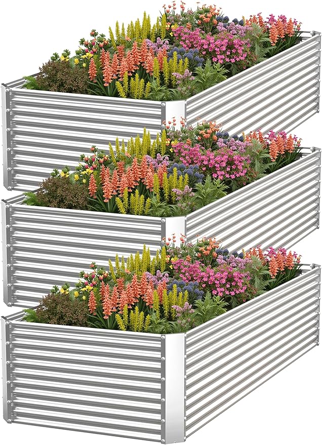 3 Pack Tall 4x2FT Corrugated Galvanized Steel Raised Garden Bed Outdoor, Metal Above Ground Garden Bed for Vegetables and Flowers, Rectangle Raised Beds for Gardening-4x2x1.5FT