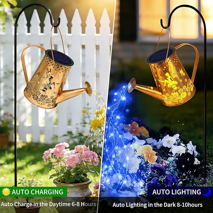 YJFWAL Solar Watering can with Lights, Gardening Gifts for Mothers Day Mom Grandma Women Birthday, Waterproof Watering Can with Cascading Lights Outdoor Decor for Garden Patio Yard Pathway (Blue)