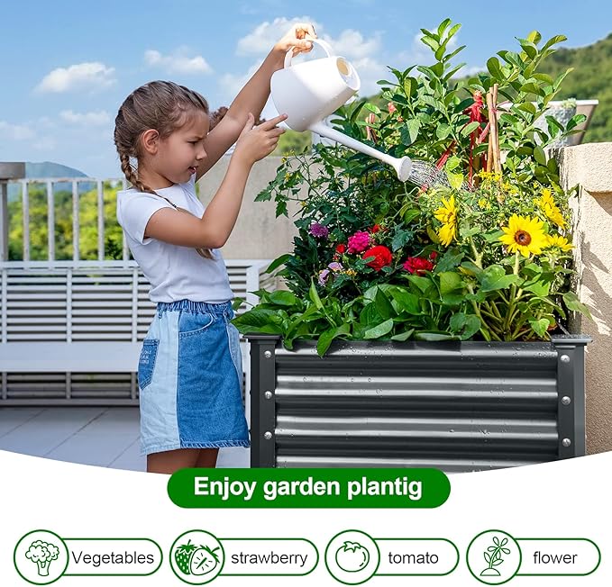 Land Guard Galvanized Raised Garden Bed with Legs, 48×24×32in Large Metal Elevated Raised Planter Box with Drainage Holes for Backyard, Patio, Balcony, 700lb Capacity(Grey)……