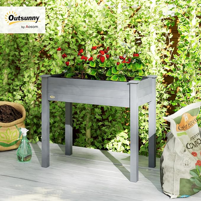Outsunny Raised Garden Bed with Legs, 34" x 18" x 30", Elevated Wooden Planter Box, Self-Draining with Bed Liner for Vegetables, Herbs, and Flowers Backyard, Patio, Balcony Use, Dark Gray
