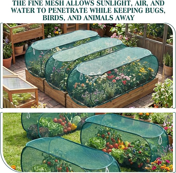 4 Pcs 35'' x 14'' x 16'' Pop up Garden Rows Plants Cover Vegetable Mesh Plant Protector Net Cage Guard with Ground Nails for Protecting Vegetable Fruit Seedling from Animal (Dark Green)