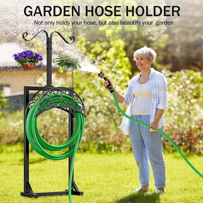 Garden Hose Holder for Outside - Upgraded Water Hose Holders with 5 Spikes & 2 Shepherds Hooks, Freestanding Hose Stand Heavy Duty Hose Hanger Hose Storage Hose Reel Rack for Outside Yard Lawn | for Outside, Upgraded, Hose Stand, Heavy Duty, Hose Hange...