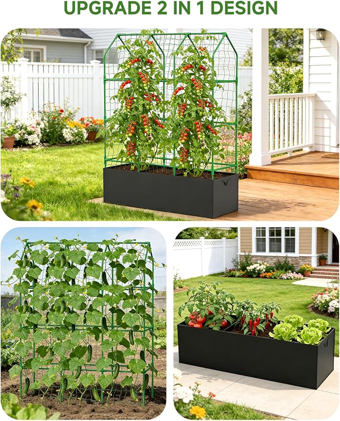 Cucumber Trellis with Grow Bag for Raised Bed, A-Shape Garden Trellis for Climbing Plants Outdoor, Metal Plant Trellis with Garden Netting for Flower Vegetables, Pea, Grape (50 * 17 * 65inch(L*W*H)