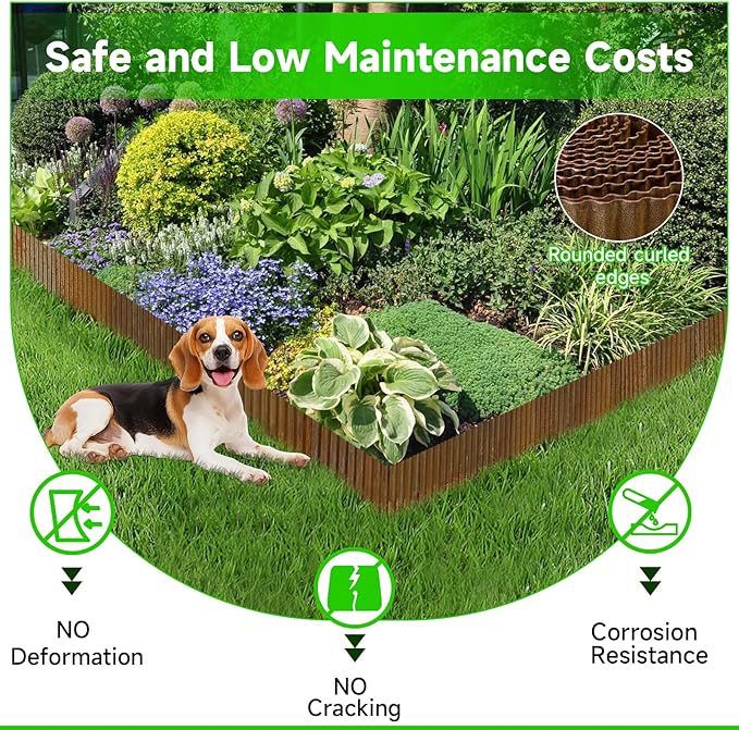 Corrugated Garden Edging, 12"×10Ft Pre-Rusted Landscape Edging & Lawn Edging Border, Metal Garden Border for Flower Beds, Garden，Lawn，Raised Beds & Tree Surrounds