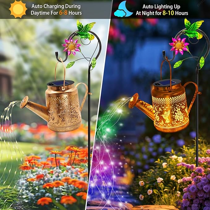 2 Pack Big Solar Lanterns Outdoor, Gifts For Mom Grandma Women Wife Daughter Mother's Day, Hummingbird Watering Can Lights With Shepherd Hook, Solar Path Light Yard Art Outside Patio Decor Multicolour