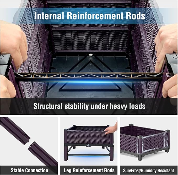 Raised Garden Bed with Reinforcement Rods Elevated Planter Boxes for Outdoor Plants with Drainage Holes for Flowers Vegetables Herbs Patio Backyard Deck Balcony, Purple
